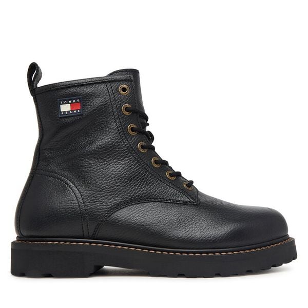 Trzewiki Tommy Jeans. Czarne botki sznurowane Tommy Jeans, bez wzorów, z jeansu, bez obcasa, bez zapięcia. Za 699.99 zł.