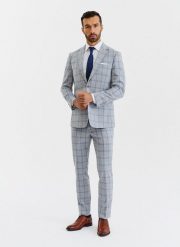 PAKO LORENTE – Szare spodnie garniturowe w niebiesko-białą kratę. Białe eleganckie spodnie Pako Lorente, z elastanu. Za 149.99 zł.