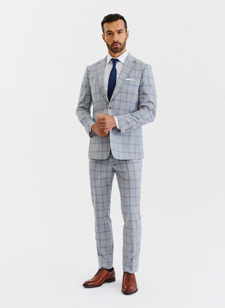 PAKO LORENTE – Szare spodnie garniturowe w niebiesko-białą kratę. Białe eleganckie spodnie Pako Lorente, bez wzorów, z elastanu. Za 149.99 zł.