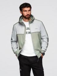 Męska kontrastowa kurtka wiatrówka z kapturem - oliwkowo-szara V3 - Rozmiar: S. Szare kurtki przejściowe Ombre Clothing, m, z aplikacjami, z gumy, z kapturem. Za 299.99 zł.