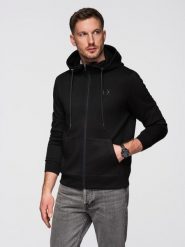 Rozpinana bluza męska z kapturem z gładkiej dzianiny - czarna V1 - Rozmiar: M. Czarne bluzy Ombre Clothing, m, bez wzorów, z dzianiny, z kapturem. W wyprzedaży za 160.99 zł.