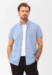 Koszula z lnem, Regular Fit, C-LIN. Niebieskie koszule Volcano, m, bez wzorów, z bawełny, bez kołnierzyka, bez ramiączek. Za 139.99 zł.