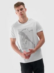 4F T-shirt z nadrukiem regular męski - biały L. Białe t-shirty 4F, l, bez wzorów, z bawełny, bez kołnierzyka, bez ramiączek. W wyprzedaży za 39.99 zł.