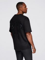 Męska bawełniana koszulka z cekinowym motywem skrzydeł na plecach - czarna V1 - Rozmiar: S. Czarne t-shirty Ombre Clothing, m, z aplikacjami, z bawełny, bez kołnierzyka, bez ramiączek. Za 289.99 zł.