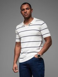 Koszulka męska polo w poziome paski z wiskozą – biało-granatowa V2 OM-POSS-0145 - XXL. Białe koszulki polo sportowe Ombre Clothing, l, bez wzorów, z dzianiny, bez kołnierzyka, bez ramiączek. Za 119.99 zł.