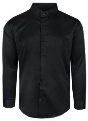 Elegancka Męska Taliowana Koszula - Rigon - Czarna (Slim Fit). Czarne koszule Rigon, m, bez wzorów, z bawełny, bez kołnierzyka, bez ramiączek. Za 115.00 zł.