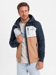 Lekka kolorowa męska kurtka sportowa z polarem – brązowo-granatowa V1 OM-JANP-0194 - XXL. Białe kurtki przejściowe Ombre Clothing, l, bez wzorów, z materiału, bez kaptura. W wyprzedaży za 199.99 zł.