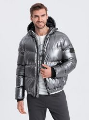 Kurtka męska puffer błyszcząca z kapturem - grafitowa V2 - Rozmiar: L. Szare kurtki Ombre Clothing, l, bez wzorów, z materiału, z kapturem. Za 329.99 zł.