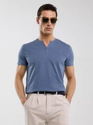 Koszulka męska z guzikami niebieska Alanco 402. Niebieskie t-shirty BIG STAR, l, z aplikacjami, z bawełny, bez kołnierzyka, bez ramiączek. Za 99.99 zł.