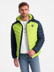 Nylonowa dwukolorowa pikowana kurtka męska w stylu sportowym – limonkowa V4 OM-JALP-0185 - XXL. Kurtki Ombre Clothing, l, z aplikacjami, z materiału, bez kaptura. W wyprzedaży za 109.99 zł.