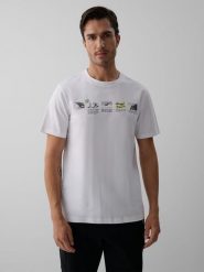 4F T-shirt regular z nadrukiem męski - biały XL. Białe t-shirty 4F, m, bez wzorów, z bawełny, bez kołnierzyka, bez ramiączek. Za 69.99 zł.