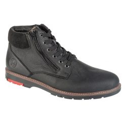 Buty Rieker Booties 10503-00 czarne. Czarne botki sznurowane na zimę, bez wzorów, z gumy, bez obcasa, bez zapięcia. Za 577.19 zł.