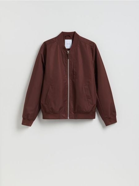 Kurtka bomberka ze stójką - ciemnobrązowy. Brązowe kurtki Reserved, l, bez wzorów, bez kaptura. Za 199.99 zł.