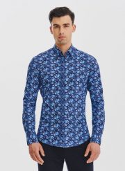 PAKO LORENTE – Granatowa dzianinowa koszula w kwiaty. Koszule Pako Lorente, m, bez wzorów, z dzianiny, bez kołnierzyka, bez ramiączek. Za 149.99 zł.