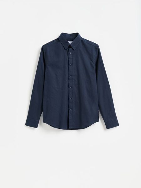 Koszula slim z bawełny merceryzowanej - granatowy. Niebieskie koszule Reserved, l, bez wzorów, z bawełny, bez kołnierzyka, bez ramiączek. Za 129.99 zł.