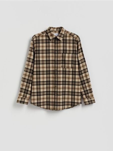 Koszula regular fit w kratę - beżowy. Brązowe koszule Reserved, l, bez wzorów, z tkaniny, bez kołnierzyka, bez ramiączek. Za 139.99 zł.