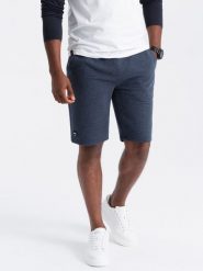 Męskie krótkie spodenki dresowe z dzianiny ottoman – granatowe V1 OM-SRSK-0150 - XXL. Niebieskie krótkie spodenki sportowe Ombre Clothing, l, z aplikacjami, z bawełny. W wyprzedaży za 39.99 zł.
