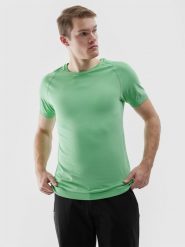 4F Koszulka bezszwowa do biegania w terenie męska - zielona S/M. Zielone t-shirty 4F, m, bez wzorów, z dzianiny, bez kołnierzyka, bez ramiączek. W wyprzedaży za 59.99 zł.