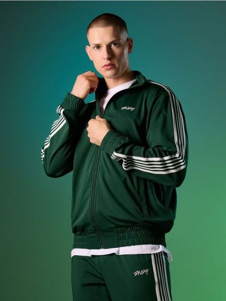 Bluza bomberka z lampasami - zielony. Zielone kurtki Sinsay, l, bez wzorów, bez kaptura. Za 59.99 zł.