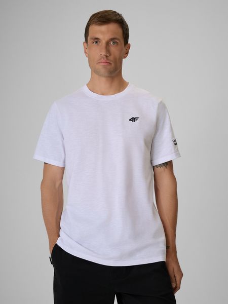 4F T-shirt regular gładki męski - biały XL. Białe t-shirty 4F, m, bez wzorów, z bawełny, bez kołnierzyka, bez ramiączek. Za 69.99 zł.