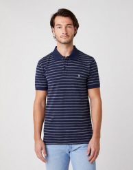 MĘSKIE POLO WRANGLER SS YD STRIPE POLO NAVY W7ALKD114 112131349. Niebieskie koszulki polo Wrangler, m, bez wzorów, bez kołnierzyka, bez ramiączek. Za 109.99 zł.