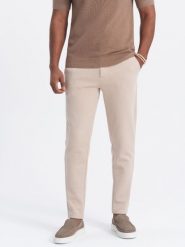 Spodnie męskie CARROT ze strukturalnej dwukolorowej dzianiny - beżowe V2 OM-PACP-0168 - XXL. Brązowe spodnie materiałowe Ombre Clothing, na co dzień, m, bez wzorów, z bawełny, casualowe. Za 179.99 zł.