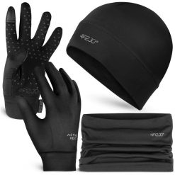 Zestaw termiczny unisex - czapka, komin i rękawiczki 4FIZJO. Czarne rękawiczki 4FIZJO, bez wzorów, z elastanu. Za 99.99 zł.