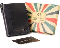 Portfel granatowy retro Rovicky N1226-RHP-5449 NAVY. Niebieskie portfele ROVICKY, bez wzorów, ze skóry. Za 81.99 zł.