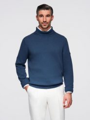 Męski golf sweter z dzianiny – ciemnoniebieski V2 - Rozmiar: S. Niebieskie golfy Ombre Clothing, m, bez wzorów, z bawełny, bez ramiączek. Za 189.99 zł.