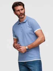 Męska bawełniana koszulka polo z kontrastowym wykończeniem – niebieska V3 - Rozmiar: XXL. Niebieskie koszulki polo Ombre Clothing, m, bez wzorów, z bawełny, bez kołnierzyka, bez ramiączek. W wyprzedaży za 129.99 zł.