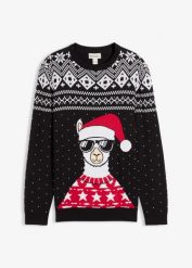 Świąteczny sweter z miękkiej mieszanki bawełny. Czarne swetry nierozpinane bonprix, m, bez wzorów, z bawełny, bez kołnierzyka, bez ramiączek. Za 129.99 zł.