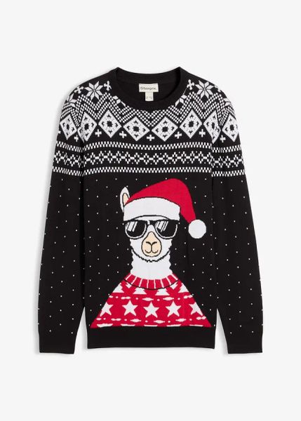 Świąteczny sweter z miękkiej mieszanki bawełny. Czarne swetry nierozpinane bonprix, m, bez wzorów, z bawełny, bez kołnierzyka, bez ramiączek. Za 129.99 zł.