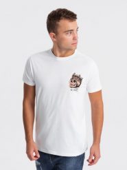 T-shirt męski bawełniany z nadrukiem na klatce piersiowej - biały V3 OM-TSPT-0167 - XXL. Białe t-shirty Ombre Clothing, l, bez wzorów, z bawełny, bez kołnierzyka, bez ramiączek. W wyprzedaży za 19.99 zł.