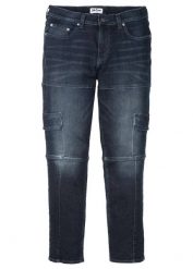 Jeansy bojówki slim fit, straight. Niebieskie joggery i bojówki bonprix, m, bez wzorów, z jeansu. Za 169.99 zł.