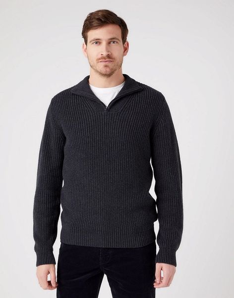 WRANGLER HALF ZIP KNIT MĘSKI SWETER KLASYCZNY ROZPINANY LOGO DARK GREY W8D0PJX06 112321333. Szare golfy Wrangler, m, bez wzorów, bez kołnierzyka, bez ramiączek. Za 159.99 zł.