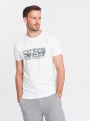 T-shirt męski bawełniany z nadrukiem - biały V1 OM-TSPT-0160 - L. Białe t-shirty Ombre Clothing, l, bez wzorów, z bawełny, bez kołnierzyka, bez ramiączek. W wyprzedaży za 29.99 zł.