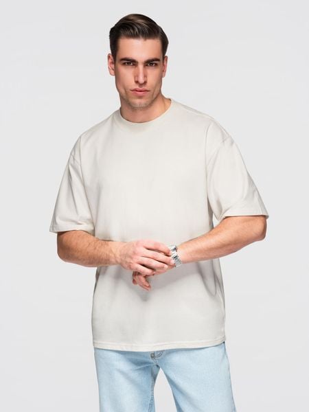 Męski bawełniany t-shirt LOOSE FIT z okrągłym dekoltem – ecru V2 - Rozmiar: S. Pomarańczowe t-shirty Ombre Clothing, l, bez wzorów, z bawełny, bez kołnierzyka, bez ramiączek. Za 169.99 zł.