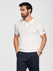 Ażurowa wiskozowa męska koszulka polo - biała V1 - Rozmiar: M. Białe koszulki polo sportowe Ombre Clothing, na lato, m, w ażurowe wzory, z dzianiny, bez kołnierzyka, bez ramiączek. Za 209.99 zł.