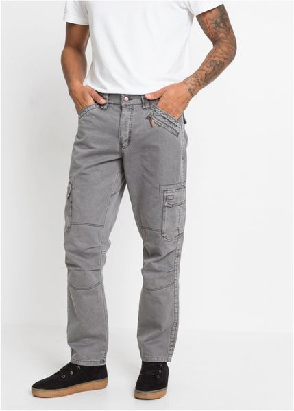 Spodnie bojówki, relaxed fit, straight, z czystej bawełny. Szare joggery i bojówki bonprix, m, bez wzorów, z bawełny. Za 199.99 zł.