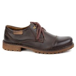Buty męskie skórzane OLIVIER 312GT z przeszytym noskiem ciemno brązowe. Brązowe botki sznurowane bez wzorów, z jeansu, bez obcasa, bez zapięcia. Za 351.82 zł.