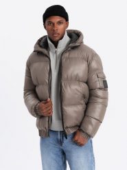 Ciepła męska kurtka puffer ze ściągaczami – ciemnobeżowa V3 OM-JAHP-0207 - XXL. Brązowe kurtki Ombre Clothing, na zimę, l, z aplikacjami, z gumy, z kapturem. W wyprzedaży za 299.99 zł.