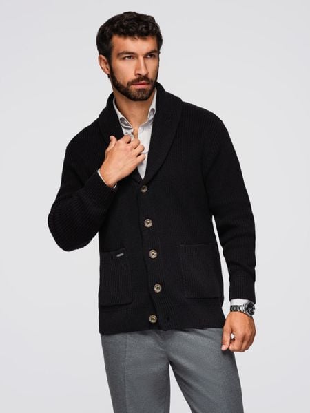 Sweter bawełniany męski kardigan z szalowym kołnierzem - czarny V4 - Rozmiar: M. Czarne swetry rozpinane Ombre Clothing, m, bez wzorów, z bawełny, bez kołnierzyka, bez ramiączek. W wyprzedaży za 167.99 zł.