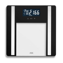 Waga łazienkowa z analizą masy ciała, do 180 kg, 30 x 30 cm, czarna. Czarne wagi łazienkowe ADE. Za 139.90 zł.