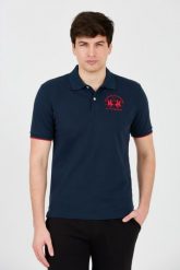 LA MARTINA Granatowe polo z dużym czerwonym logo. Niebieskie koszulki polo La Martina, m, bez wzorów, bez kołnierzyka, bez ramiączek. W wyprzedaży za 369.99 zł.
