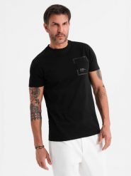 Bawełniany męski t-shirt z nadrukiem na kieszonce – czarny V1 OM-TSPT-0154 - XXL. Czarne t-shirty Ombre Clothing, l, bez wzorów, z bawełny, bez kołnierzyka, bez ramiączek. Za 89.99 zł.