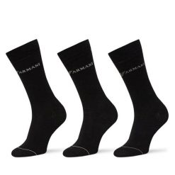 Zestaw 3 par wysokich skarpet męskich Emporio Armani. Czarne skarpety Emporio Armani, bez wzorów. Za 99.99 zł.