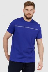 ARMANI EXCHANGE Niebieski t-shirt męski z paskiem z logo. Niebieskie t-shirty Armani Exchange, l, bez wzorów, prążkowane, bez kołnierzyka, bez ramiączek. W wyprzedaży za 169.99 zł.
