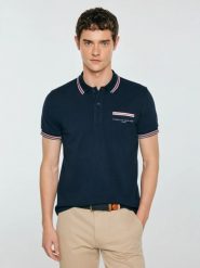 Koszulka męska polo z kontrastowym wykoŅczeniem granatowa Polos 403. Niebieskie koszulki polo BIG STAR, l, bez wzorów, z dzianiny, bez kołnierzyka, bez ramiączek. Za 139.99 zł.