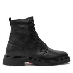 Trzewiki Tommy Hilfiger. Czarne botki sznurowane Tommy Hilfiger, bez wzorów, bez obcasa, bez zapięcia. Za 799.99 zł.