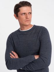 Bawełniany sweter męski z okrągłym dekoltem - granatowy melanż V3 OM-SWSW-0103 - XL. Niebieskie swetry nierozpinane Ombre Clothing, l, bez wzorów, z bawełny, bez kołnierzyka, bez ramiączek. W wyprzedaży za 69.99 zł.